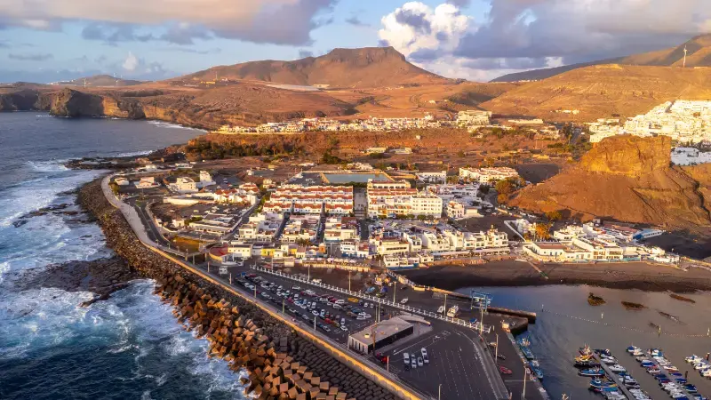Aerial View of Agaete and Puerto de las Nieves at Summer Sunset Gran Canaria Spain