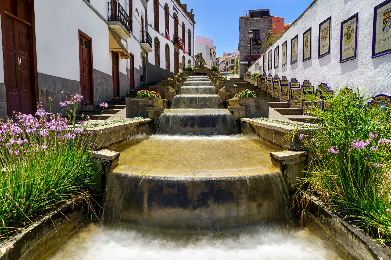 Large Fountain Charming Village Firgas Gran Canaria Water Falling Down Steps from Fountain Spain Europe