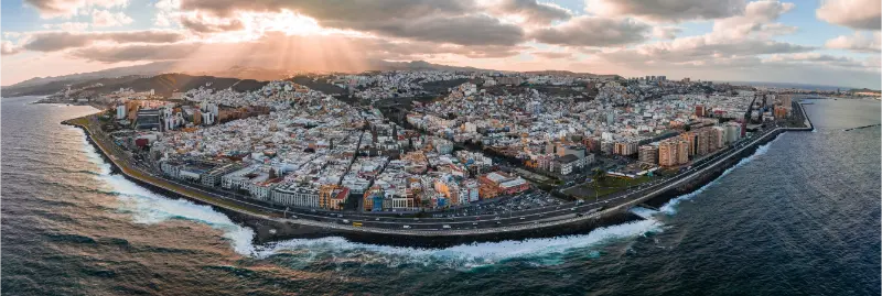 Panoramic Aerial View of Las Palmas and Las Canteras Beach at Sunset Gran Canaria Canary Islands Spain