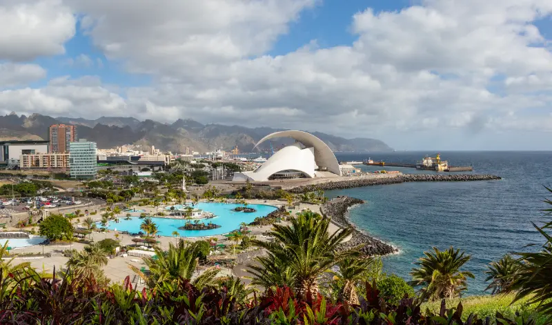 Santa Cruz Cityscape View with Park Ocean Mountains Background Sunrise Canary Islands Spain